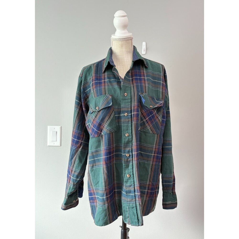 Vintage Backpacker Sportswear Green Plaid Flannel Shirt Mens L Flawed Cabincore